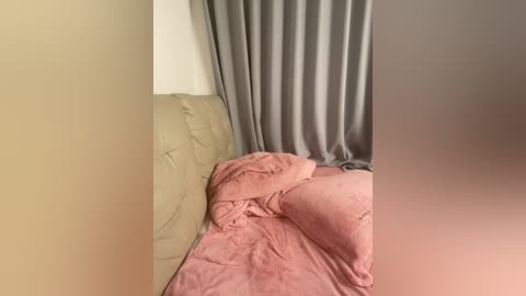 Video of a beige couch with a pink blanket and gray curtains in the background. The image is slightly blurred, possibly due to low light or camera settings.