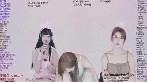 A digitally manipulated image featuring two Asian women in suggestive nurse outfits and a third woman in a tank top, all kneeling with their heads down, surrounded by text and numbers.