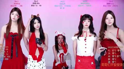 Video of five Asian women in festive red and white Chinese New Year outfits, each holding a drink, against a pink background.