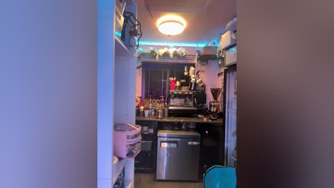 Video of a cozy, well-lit kitchen with a small fridge, stainless steel appliances, and various kitchen utensils on shelves. The room has a warm, inviting ambiance with blue LED strip lighting.