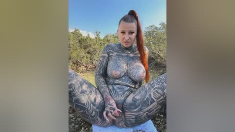 Video of a nude woman with long red hair, heavily tattooed body, seated outdoors with legs spread, surrounded by greenery and blue sky.