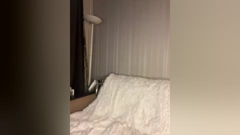 Video of a cozy bedroom with a white fur blanket covering a bed, a tall floor lamp, and beige walls. The image is dimly lit, creating a warm and inviting atmosphere.