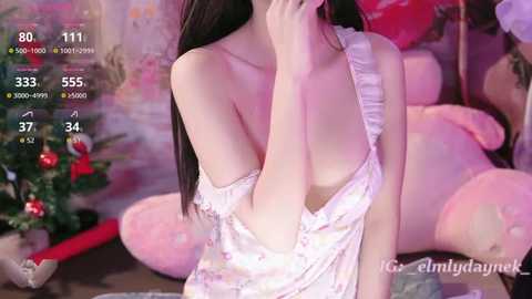 Media: A video of a young woman with long black hair, wearing a white off-shoulder nightgown, sitting near a Christmas tree, partially visible. The background is decorated with festive elements.