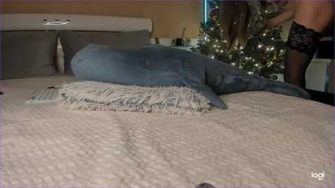 Video of a woman with long brown hair, wearing black lace underwear, standing beside a bed with a large plush whale and a Christmas tree.