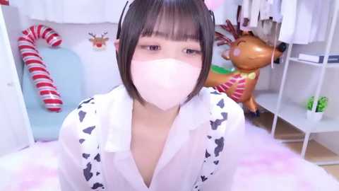 Video of an Asian woman with straight black hair, wearing a white shirt with black pattern, pink face mask, and red heart headband, standing in a playful, pastel-colored room with festive decor.