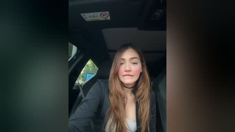Video of a young woman with long, straight brown hair, wearing a black jacket, smiling, sitting in a car, with a blurred outdoor scene visible through the window.