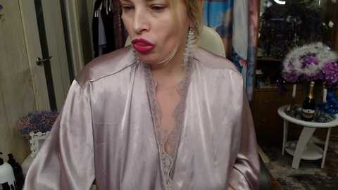 Media: A video of a fair-skinned woman with blonde hair in a pink satin robe, puckering her lips, in a cluttered room with a floral arrangement and a wooden cabinet in the background.