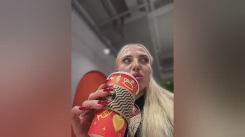 Video of a blonde woman with fair skin and red lipstick, wearing a patterned jacket, drinking from a red-and-yellow striped cup with \"Starbucks\" logo, in an indoor, modern setting with exposed ceiling beams and a blurred green plant in the background.