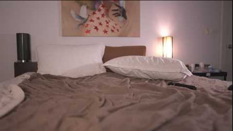 Video of a neatly made bed with beige and white bedding, featuring a large abstract painting of a woman's face with red flowers and a lamp on a nightstand.