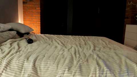 Media: Video of a neatly made bed with a textured, light beige quilt and two white pillows, set against a brick wall and dark wooden door in a dimly lit room.