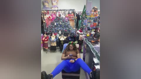 Video of a woman in a costume shop, wearing a green crown and blue leggings, seated on a chair, surrounded by colorful mannequins and Christmas decorations.