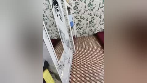 A video shows a small room with a white mirror, floral-patterned wallpaper, and a woven bamboo rug. A person's face is blurred in the foreground.