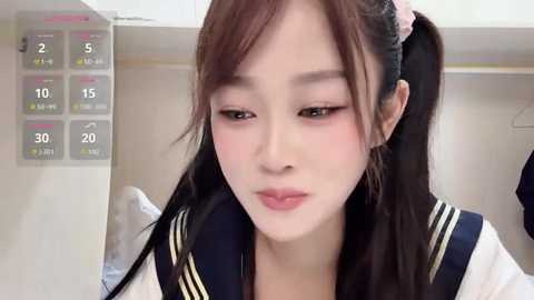 A video of an Asian woman with fair skin and long black hair in pigtails, wearing a traditional Japanese school uniform with a navy blue collar and white blouse, standing in a locker room with a calendar displaying dates and temperatures.