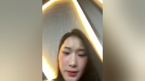 Media: Video of an Asian woman with straight black hair, fair skin, and full lips, captured in a selfie with a glowing yellow ring light illuminating her face.
