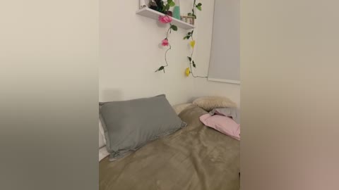 Video of a cozy, minimalist bedroom with a beige duvet, gray pillow, and a white pillow on a single bed against a white wall. Decorative green garlands and a pink flower adorn a white shelf.
