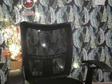 Video of a black mesh office chair with a curved backrest placed against a wall adorned with a patterned wallpaper featuring white feathers on a dark background. Decorative lights and a vintage logo add to the cozy, eclectic ambiance.