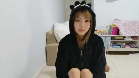 Video of a young East Asian woman in a black bear onesie, sitting on a beige carpet in a minimalist, pastel-colored bedroom with a bed, shelves, and toys.