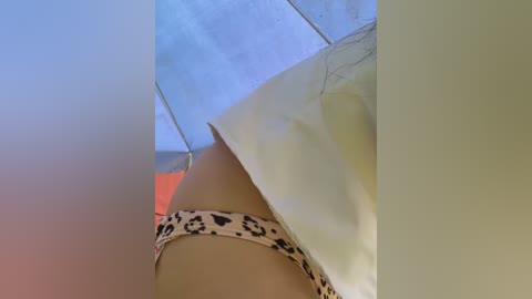 A video showing a woman's lower back and side, wearing a leopard-print thong, partially obscured by a white sheet. The background features a soft blue and white gradient.