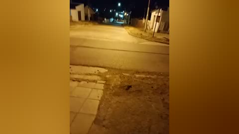 A nighttime video of a snow-covered street with yellow-tinted streetlights, bordered by snow-covered sidewalks and houses, creating a dim, eerie atmosphere.