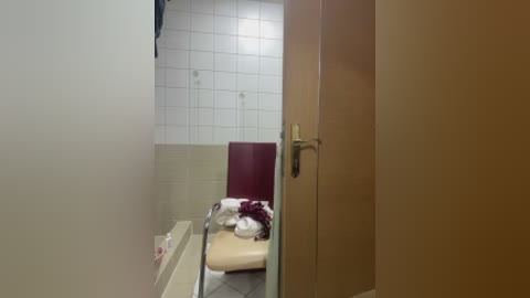 A video of a narrow, tiled restroom with a beige door open to a small, clean toilet area featuring a maroon toilet seat, neatly folded towels, and a beige floor.