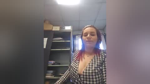 A video shows a woman with shoulder-length red hair, wearing a low-cut houndstooth-patterned blouse, standing in an office with gray walls, shelves, and a white ceiling.
