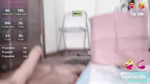 Video of a blurred stream with a white chair, pink bag, and a hand in the foreground. On-screen text shows \"DMCA\" and \"Lovesense ON.\