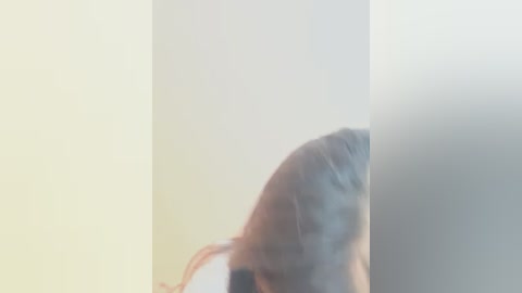 A blurred video of a person with long, dark hair, possibly Asian, partially obscured by a dense fog, suggesting a misty or smoky environment. The background is a smooth, light beige.