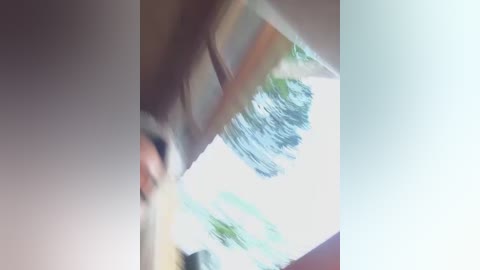 Video of a woman with long, light brown hair, wearing a white shirt, and standing in a bright, sunny room with a large, white window and a palm tree visible through it.