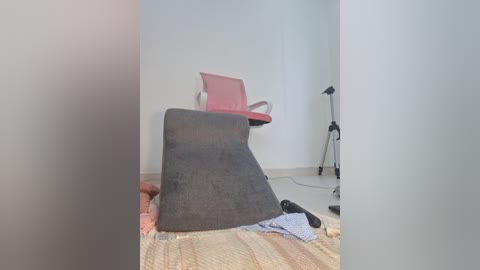 A video of a modern, minimalist room with a beige sofa, red chair, and a tripod lamp. The floor is covered with a woven rug, and a pair of shoes are placed nearby.