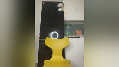 A video of a modern kitchen with a tall, sleek black refrigerator, a white countertop, and a vibrant yellow chair with a high back. The background features a sink, a green water bottle, and a brown dishcloth.