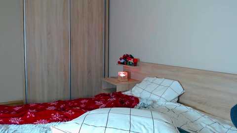 Video of a minimalist bedroom with light wooden furniture, a red floral comforter, white checkered pillows, and a small nightstand with a red lamp and colorful decorative objects.