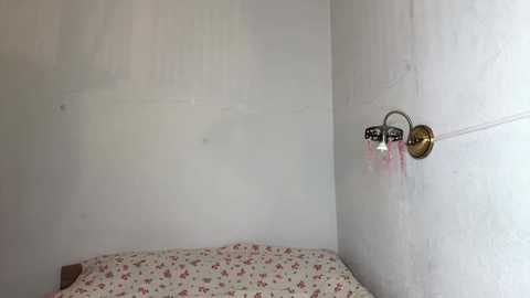 A video of a corner bedroom with a white wall and a bed covered in a floral-patterned bedspread. A gold wall-mounted lamp with pink tassels hangs on the wall, casting a soft light.