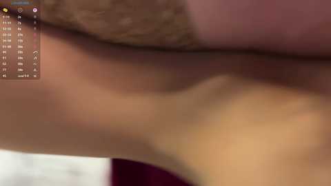 Video of a close-up, blurred view of a woman's bare buttocks and thigh, with a digital screen in the top left corner displaying numerical data. The skin tone is light brown.