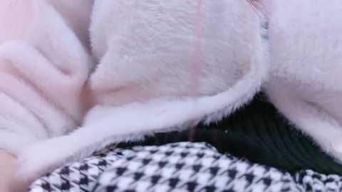 Video of a close-up view of a person wearing a fluffy, light pink robe with a subtle pink stripe pattern. The robe covers a black and white houndstooth-patterned fabric underneath.