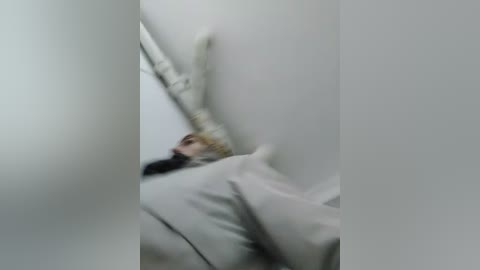 Video of a person lying face down in a white bed, with blurred features and a pillow covering their head. The scene has a soft, muted lighting, creating a serene and intimate atmosphere.