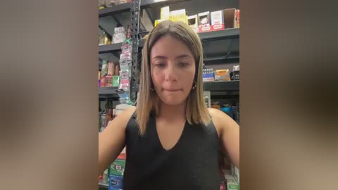 Media: Video of a young Latina woman with medium skin tone, straightened blonde hair, wearing a black sleeveless top, standing in a brightly lit convenience store with shelves full of snacks and beverages.