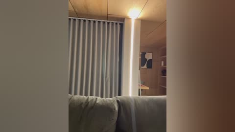 Video of a modern, minimalist room with beige walls, a grey sofa, vertical light grey curtains, wooden ceiling, and a lit lamp in the corner.