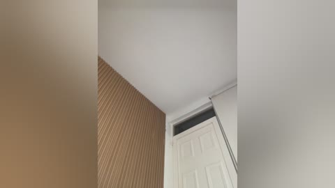 Video of a corner room with a beige, ribbed textured wall, a white door with a small window, and a white ceiling. The lighting is soft and natural.
