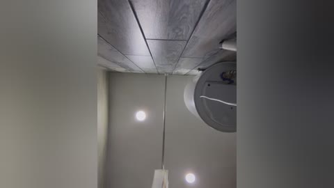 A video of a modern, minimalist bathroom ceiling with rectangular tiles, two round white lights, and a white toilet in the right corner.