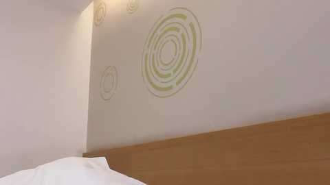 Video of a minimalist bedroom with a light wood headboard and white walls featuring green circular design patterns. A white pillow rests on the bed.