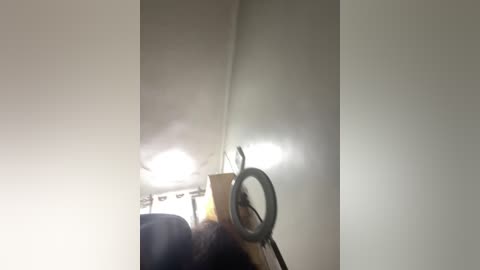 Video of a dimly lit, cluttered room with a large, reflective mirror. A metal wire frame, possibly for a lamp, is visible in the mirror. The background is plain white.