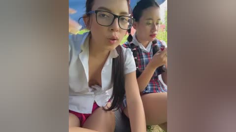 Video of two young Asian women, one in a white shirt, red panties, and glasses, the other in a plaid shirt, outdoors.