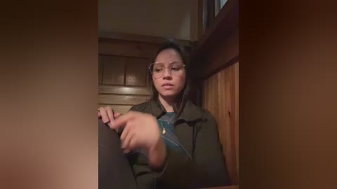 Video of an Asian woman with glasses, dark hair, and a serious expression, seated in a wooden-paneled room, wearing a green jacket.