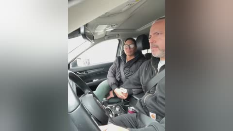 Media: Video of two men, one bald, in a car. The bald man, wearing a dark jacket and glasses, is driving. The other man, with short hair, is in the passenger seat, holding a coffee cup.