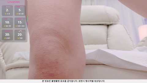 Media: Video of a light-skinned person's knee with a noticeable bruise on a white leather couch. Background shows a calendar with Korean text, and a white curtain.