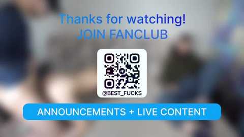 Video featuring a blurred, live-streamed video of a fan club event. Text overlay: \"Thanks for watching! JOIN FANCLUB @BEST_FUCKS.\" Blue banner at bottom announces \"Announcements + Live content.\