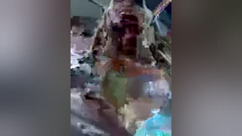 A blurry, grainy video of a person with a dark complexion, wearing a brown shirt, standing in a dimly lit room with a blurred background of indeterminate objects and colors.