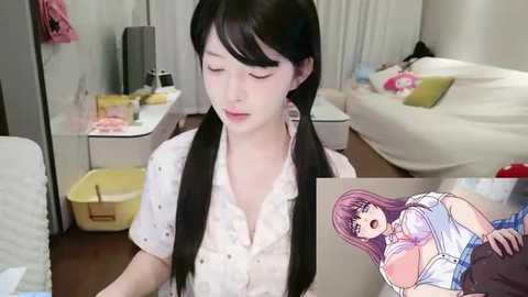 A video of an Asian woman with long black hair and fair skin, wearing a white blouse, sitting in a messy bedroom. Inset: anime character with purple hair and large breasts.