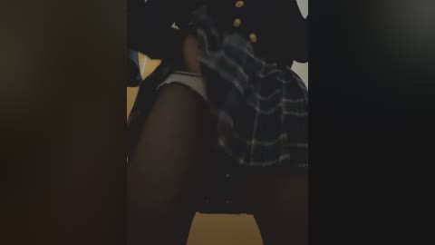 Media: Video of a blurred, dark-skinned person in a black plaid skirt, viewed from behind, with a dimly lit room in the background.