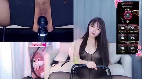Video collage featuring an Asian woman with long black hair, wearing a sheer black lingerie set, sitting on a white couch. Vibrator on her crotch, and a stats screen showing 90% progress.